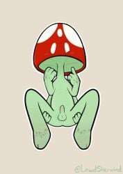 balls blush elemental_creature erection fungi_fauna fungus genitals green_body hi_res male male_only mushroom nipples non-human non-human_only penis sherwind52 simple_background small_penis solo spiritfarer spread_legs spreading stanley_(spiritfarer) thunder_lotus_games toony white_eyes