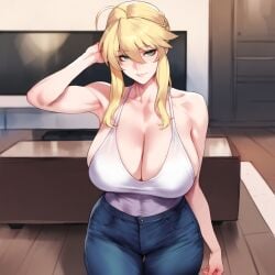 1girls ahoge ai_generated alternate_costume aqua_eyes artoria_pendragon artoria_pendragon_(lancer) bangs bare_shoulders big_breasts blonde_female blonde_hair blue_eyes bodysuit braid breasts cape cleavage cleavage_cutout clenched_hand clothing_cutout cloud cloudy_sky covered_navel covered_nipples curvy curvy_body curvy_figure day elbow_gloves fate/grand_order fate_(series) female female_focus female_only floating_cape flying french_braid gloves hair_between_eyes hair_bun large_breasts light-skinned_female light_skin long_hair looking_at_viewer mogu-tyan only_female open_mouth outdoors outside sidelocks single_hair_bun skin_tight sleeveless smile smiling smiling_at_viewer solo solo_female solo_focus teeth thick thighs upper_teeth v-shaped_eyebrows white_bodysuit white_gloves