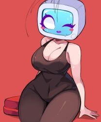 antennae big_breasts cleavage gazericc light-skinned_female miyu_(rox_hoxten) original_character slightly_chubby sweat thick_hips thick_thighs tv_head