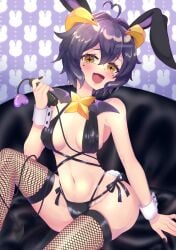 bunny_girl bunnysuit dominatrix fishnet_legwear fishnets golden_eyes golden_horns heart hiiragi_utena horns magia_baiser mahou_shoujo_ni_akogarete purple_hair thighs usmmnr_(artist) whip yellow_eyes