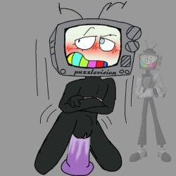 1:1 blush blushing cuntboy cuntboy_only dildo dildo_in_pussy dildo_riding goodbudsog grey_background ibispaintx intersex motion_lines mr._puzzles non-human object_head poorly_drawn pussy pussy_juice reference_image simple_background smg4 solo stomach_bulge top_surgery_scars trans trans_man transmasc tv_head