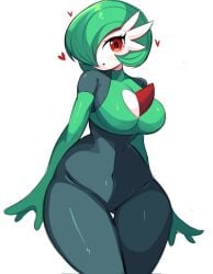 armwear big_breasts bodysuit bra chest_spike cleavage_cutout gardevoir gazericc generation_3_pokemon green_hair heart_symbol humanoid large_breasts looking_at_viewer pokemon pokemon_(species) red_eyes thick_hips thick_thighs thigh_gap thin_waist two_tone_clothing white_background white_body wide_hips