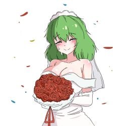 1girls big_breasts blush breasts cleavage clothed_female ehehe52921343 female female_only green_hair highres light-skinned_female mature_female simple_background smile solo solo_female tears tears_of_joy touhou wedding wedding_dress white_background yuka_kazami yuuka_kazami