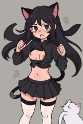 1girls ai_generated black_eyes black_hair_female black_skirt breasts breasts_out cat_ears cat_girl embarrassed female female_only looking_at_viewer miniskirt mjdennsfw nipples original original_character self_upload tail thighhighs