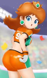 :o ass ass_focus back bangs blue_eyes blurry breasts brown_hair clothing confetti crop_top cropped_shirt crown daisy&#039;s_hot_stuff_(trend) earrings eyelashes female female_only flipped_hair flower_earrings from_behind fume gloves headwear jewelry long_hair looking_at_viewer looking_back mario_(series) mario_strikers mario_strikers_charged mario_strikers_princess_daisy_side_view_redraw_(meme) medium_breasts midriff open_mouth orange_gloves orange_shirt orange_shorts princess_daisy round_ass shirt short_shorts short_sleeves shorts soccer_uniform solo sports_uniform sportswear stadium standing super_mario_bros. super_mario_strikers thighs tight tomboy white_gloves