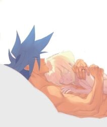 2boys after_sex aftercare androgynous arms_around_partner blonde_eyelashes blonde_hair cuddle cuddling cuddling_up_together femboy galo_thymos gay hug hugging_partner lio_fotia male on_bed promare short_male size_difference sleeping sleeping_nude sleeping_together twink wholesome yaoi