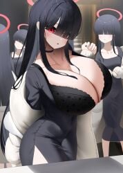 background_character bangs bangs_over_eyes black_bra black_dress black_hair blue_archive blush bra breasts breasts_bigger_than_head choker cleavage coat dress eyes_covered eyes_visible_through_hair female female_focus female_only gigantic_breasts hair_covering_eyes halo huge_breasts justice_task_force_(blue_archive) justice_task_force_member_(blue_archive) long_hair looking_at_viewer nicorima red_eyes red_halo thick_thighs thighs white_coat