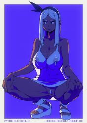 2d_(artwork) cartilage_piercing dark-skinned_female female flou huge_breasts no_panties original platform_heels pubic_hair see-through_clothing squatting stella_(flou) white_hair