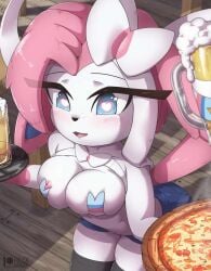 anthro covered_nipples covering_nipples eeveelution furry pink_hair pokemon pokemon_(species) ribbons rilex_lenov sylveon waitress white_fur