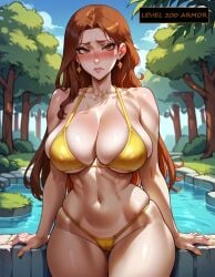 1girl ai_generated bikini blush breasts brinkai brown_eyes brown_hair earrings embarrassed g-string huge_breasts league_of_legends leona_(league_of_legends) light-skinned_female light_skin lips rpg skindentation thick_thighs wide_hips yellow_nails