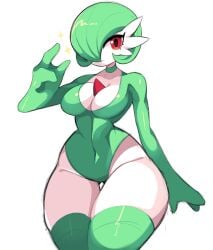 big_breasts chest_spike cleavage collar gardevoir gazericc generation_3_pokemon green_clothing green_hair green_leotard green_thighhighs hair_over_one_eye humanoid leotard looking_at_viewer low_neckline pokemon pokemon_(species) red_eyes thick_hips thick_thighs thigh_gap thighhighs tight_clothing white_background wide_hips