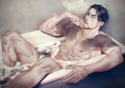 abs bathing bathtub cigarette facial_hair like_a_dragon_(series) majima_goro male_only missing_eye muscular muscular_male muscular_thighs pecs pink_nipples rgg_studio ryuu_ga_gotoku scar_across_eye smoking solo solo_male tattoo_on_arm tattoo_on_back tattoo_on_chest yakuza_(series)