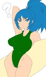 1girls ass_visible_through_thighs big_breasts big_breasts blue_eyes blue_hair breasts clothed female green_swimsuit hand_up king_of_fighters leona_heidern light-skinned_female light_skin long_hair looking_at_viewer one-piece_swimsuit surfboard sweatdrop swimsuit tight_clothing wide_hips