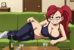 ai_generated big_ass big_breasts big_thighs cartoony couch drunk la_brava_(my_hero_academia) living_room red_eyes red_hair seductive_eyes seductive_smile smile sofa stable_diffusion undressing wide_hips