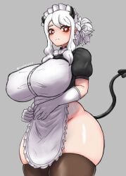 1girls armwear big_breasts black_thighhighs breasts demon demon_girl demon_horns demon_tail female female_only frederpahl gloves hair heart-shaped_pupils helltaker hips huge_breasts legwear maid maid_headdress maid_outfit maid_uniform modeus_(helltaker) red_eyes solo solo_female tail thick_thighs thighhighs thighs tied_hair white_gloves white_hair wide_hips