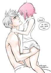 1boy 1girls english_text female grey_hair hand_under_clothes hatake_kakashi male male/female naruto naruto_(series) naruto_shippuden on_lap pink_hair sakura_haruno shirtless shorts speech_bubble straight teacher_and_student