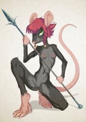 akna_(bahumot) anthro areola black_body black_fur braided_hair braided_pigtails breasts digital_media_(artwork) female fur genitals green_eyes grey_body grey_fur hair holding_object holding_weapon looking_at_viewer mammal melee_weapon murid murine nipples nude nude_anthro nude_female polearm rat rat_tail red_hair rodent simple_background small_breasts solo spear tail twintails vulva weapon xu53r
