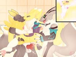 anal anthro breasts color digimon female fur furry indoors male multiple_insertions multiple_males nipples nude penis renamon ryarik sex shower side_view tagme testicles vaginal_penetration