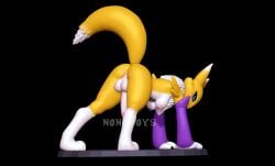 3d_(artwork) 3d_modeling 3d_print all_fours anthro balls bandai_namco blue_eyes breasts clothing digimon digimon_(species) digital_media_(artwork) fur genitals gloves gynomorph handwear hi_res intersex intersex/intersex looking_back nonotoys penis presenting renamon solo yellow_body