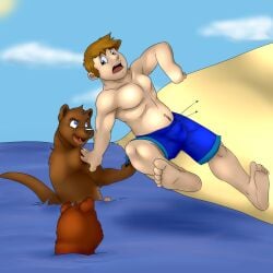 2017 5_fingers 5_toes animal_genitalia anthro athletic athletic_anthro athletic_human athletic_male barefoot beach black_nose blue_eyes brown_body brown_fur brown_hair bulge clothed clothing cloud day eye_contact feet fingers fist fur genitals group hair hand_on_arm head_tuft hi_res human humanoid_feet imminent_transformation looking_at_another male mammal mischevious mustelid navel nude open_mouth otter outside partially_submerged plantigrade pubes pulled_in sand sea shaded sharp_teeth sheath shocked sky smile soft_shading standing standing_in_water surprised swimming_trunks swimwear tail teeth thick_tail toes tongue topless trio tuft water whiskers xids yellow_eyes