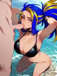 1boy ai_generated akali beach bikini blue_eyes blue_hair fellatio female hands_behind_head league_of_legends looking_at_viewer male multicolored_hair oral penis ratatatat74_(ai_style) yellow_hair