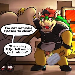 bowser boy_maid claws couch heels koopa koopa_shell maid maid_outfit maid_uniform male male_only mario_(series) no_humans non-human non-human_only penis_out red_hair super_mario_bros. thighs tiled_floor trashbadger