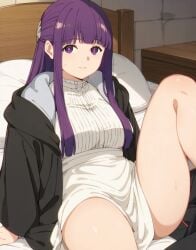 ai_generated bare_thighs big_breasts fern_(sousou_no_frieren) huge_breasts huge_thighs kiwifruit0501 light-skinned_female light_skin long_hair looking_at_viewer massive_breasts purple_eyes purple_hair solo_female sousou_no_frieren thick_body thick_female thick_thighs thighs voluptuous voluptuous_female