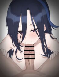 1boy :>= absurdres ai_generated bar_censor blue_hair breasts censored clorinde_(genshin_impact) dark_blue_hair fellatio female genshin_impact hair_between_eyes highres large_breasts long_hair long_hair_between_eyes multicolored_hair oral paid_reward_available penis purple_eyes sp123 straight streaked_hair