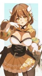 1girls blush braid breasts brown_hair cleavage corset female female_only fire_emblem fire_emblem_engage gbbgb321 gloves goldmary_(fire_emblem) hair_ribbon highres large_breasts long_hair looking_at_viewer mole mole_on_breast nintendo open_mouth parted_lips revision ribbon skirt solo sword weapon white_gloves white_ribbon yellow_eyes