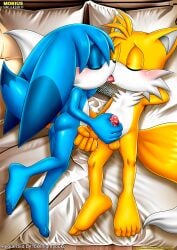 2boys anthro ass balls barefoot bbmbbf bed blush closed_eyes feet french_kiss gay handjob humanoid_feet kissing kitsunami_the_fennec male male/male male_only masturbation miles_prower mobius_unleashed open_mouth palcomix penis pillow sega soles sonic_(series) sonic_the_hedgehog_(series) tails tails_the_fox toes tongue tongue_out yaoi