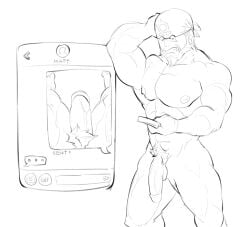 archie_(pokemon) balls bara beard dick_pic facial_hair flaccid headkerchief male male_only monochrome muscles muscular nintendo nude penis phone phone_screen phosbara pokemon solo solo_male team_aqua