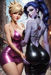 1girls ai_generated big_breasts brest latex latex_dress lena_oxton overwatch overwatch_2 oxtonai short_air tracer widowmaker