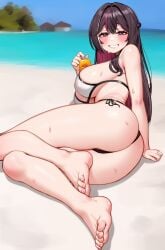 alternate_costume ass azki_(hololive) bare_arms barefoot beach bikini black_hair blush breasts female fingernails hair_between_eyes hair_intakes highres holding hololive kourui large_breasts long_hair looking_at_viewer lotion lying multicolored_hair on_side outdoors pink_hair purple_eyes side-tie_bikini_bottom sketch_background smile solo streaked_hair sunscreen sweat swimsuit toenails toes virtual_youtuber white_bikini white_hair