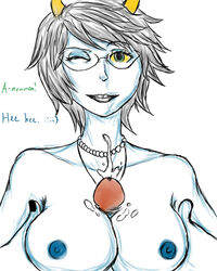 1boy 1girls ;) aranea_serket black_hair black_nails blue_eyes blue_nipples breasts cum cum_on_breasts dialogue glasses homestuck horns jake_english ms_paint_adventures necklace nipples paizuri penis short_hair straight text troll webcomic white_background white_skin wink