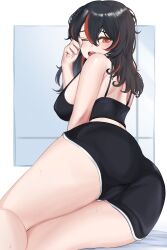 absurdres ass black_hair black_shorts breasts brulee camisole commentary female hair_down highres large_breasts long_hair multicolored_hair orange_eyes red_hair short_shorts shorts sitting solo spaghetti_strap streaked_hair thighs zenless_zone_zero zhu_yuan