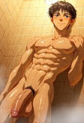 abs ai_generated balls biceps big_balls big_penis gay looking_at_viewer male male_only muscular muscular_male neon_genesis_evangelion nipples pecs penis self_upload shinji_ikari toned_body toned_male twall97 yaoi