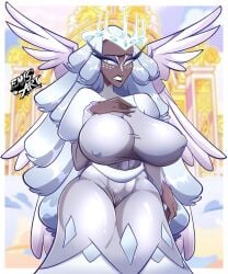 1girls angel angel_girl angel_wings aureola big_breasts blue_eyes clothed clothing color dark-skinned_female dark_skin emis_art female female_focus female_only hazbin_hotel hi_res large_breasts long_hair nipples_visible_through_clothing sera_(hazbin_hotel) solo solo_female tagme thick_thighs vivienne_medrano white_hair