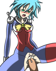 1girls 2011 allenby_beardsley blue_hair bodysuit breasts cum curvaceous female g_gundam gundam hi-ge_neko human large_breasts light-skinned_female light_skin male mobile_trace_suit penis pilot_suit pussy sex short_hair solo_focus tagme vaginal