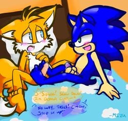 bed beige_skin blue_fur blush color cyan_eyes eyes foot footjob fox fur furry furry_tail green_eyes handjob hedgehog indoors interspecies male male_only multiple_males multiple_tails nudity orange_fur skin sonic_(series) sonic_the_hedgehog_(series) sonic_the_hedgehog_2 tail tails white_fur yaoi