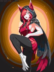 ai_generated animal_ears animal_feet gigatsu hood league_of_legends leg_up looking_at_viewer red_hair riot_games xayah