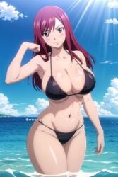 1girls ai_generated arisato_yu beach big_breasts bikini black_bikini breasts brown_eyes erza_scarlet fairy_tail female female_only huge_breasts long_hair looking_at_viewer red_hair thick_thighs water wide_hips