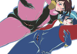 2012 2girls allenby_beardsley blue_hair blush bodysuit breasts brown_hair censored curvaceous duo female g_gundam gundam hairband human large_breasts light-skinned_female light_skin mobile_trace_suit pilot_suit presenting pussy rain_mikamura short_hair tagme thick_thighs wide_hips yusato