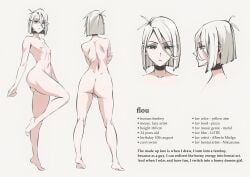 1boy alternate_version_available barefoot bob_cut character_sheet choker femboy flou flou_(character) glasses goth light-skinned_male nipples nude orange_eyes original small_breasts solo solo_male standing tiptoes white_background white_hair