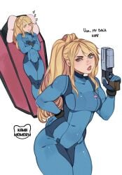 artist_logo blonde_hair blue_eyes gun kamii_momoru metroid samus_aran simple_background sleeping tagme white_background zero_suit zero_suit_samus zzz