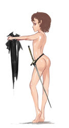 1girls a_song_of_ice_and_fire arya_stark ass back belt brown_eyes brown_hair casual clothes_removed completely_nude eyes feet female flat_chest hair holding_clothing human human_only light-skinned_female light_skin melee_weapon norasuko nude nude_female nudity open_eyes pale_skin shiny_skin short_hair short_hair_female side_view slim_waist small_breasts solo standing sword tactical_nudity tiptoes weapon white_background young