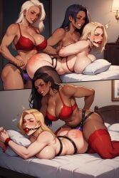 2:3 3girls ai_generated anal anal_penetration anal_sex arms_behind_back arms_tied ball_gag bed bedroom big_breasts birdawg16 black_stockings blonde blonde_hair_female bondage bound_and_gagged bra cleavage closed_eyes dark-skinned_female dildo dildo_in_ass doggy_style huge_breasts large_breasts laying_on_bed laying_on_stomach lesbian_domination lezdom lezsub lingerie lingerie_only moaning multiple_girls muscular_female passed_around pillow prone_bone purple_dildo purple_strap-on red_ball_gag red_bra red_lingerie red_stockings running_a_train smiling smug_expression spank_marks spanking strap-on strap-on_in_ass strap-on_sex strapon taking_turns tied_up vaginal_penetration yuri