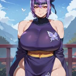 1girls ai_generated asian asian_female ayane_(doa) big_breasts butterfly curvy_female curvy_figure dead_or_alive dress eyes female female_focus headband japanese_clothes kunoichi large_breasts light-skinned_female light_skin looking_at_viewer purple_hair red_eyes seductive_look short_hair short_skirt smogai tecmo thick thick_thighs voluptuous voluptuous_female wide_hips