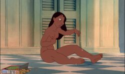 breasts dark-skinned_female dark_hair disney edit edited edited_official_artwork female kitchen lilo_and_stitch naked_female nani_pelekai nipples nude_female screenshot screenshot_edit sitting_on_floor surprised_expression tagme wet