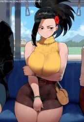 ai_assisted ai_generated asymmetrical_bangs belt big_breasts bracelet curvy erotic_nansensu hair_flower handbag high-waist_skirt miniskirt momo_yaoyorozu my_hero_academia patreon_username ponytail short_skirt shy sitting skirt skirt_pull sleeveless sleeveless_sweater solo_focus sweater thick_thighs tight_clothing train_interior turtleneck watermark yellow_sweater