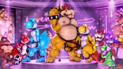 3_toes 4_fingers anthro bara barazoku blue_yoshi bowser chest_hair chubby_male fellatio gay goomba green_yoshi grinding grinding_on_penis hammer_bros. koopa koopa_troopa male/male male_stripper mario_(series) moonwulf moonwulf_(character) muscular_male nintendo nipples oral pecs precum precum_drip pubes public public_nudity purple_yoshi red_yoshi scalie slightly_chubby_male source_filmmaker_(artwork) spiked_collar strip_club stripper stripper_pole super_mario_bros. thick_thighs thong yellow_yoshi yoshi